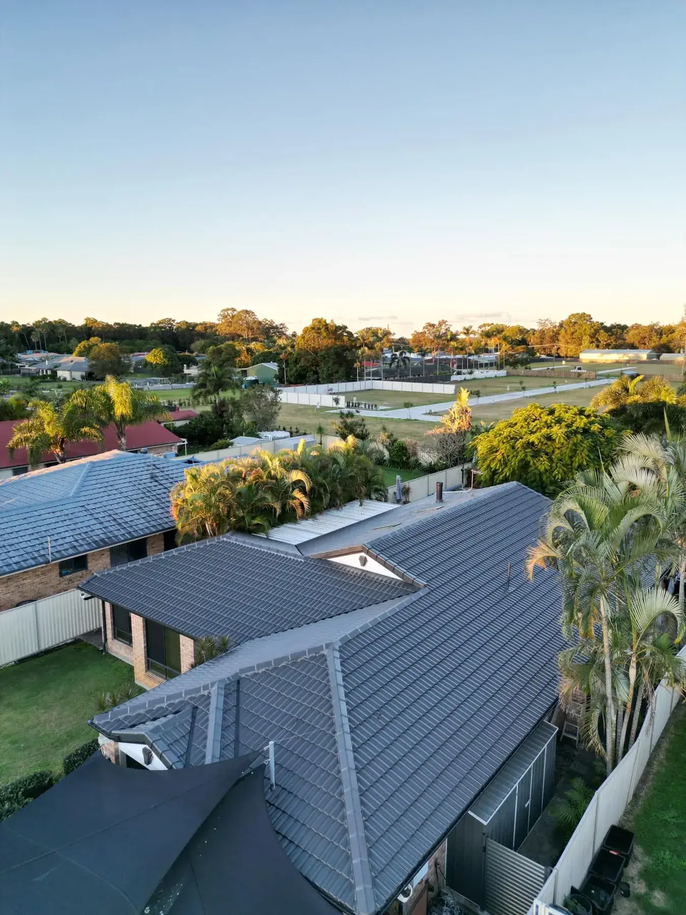 Restored roof seen from a drone above the street