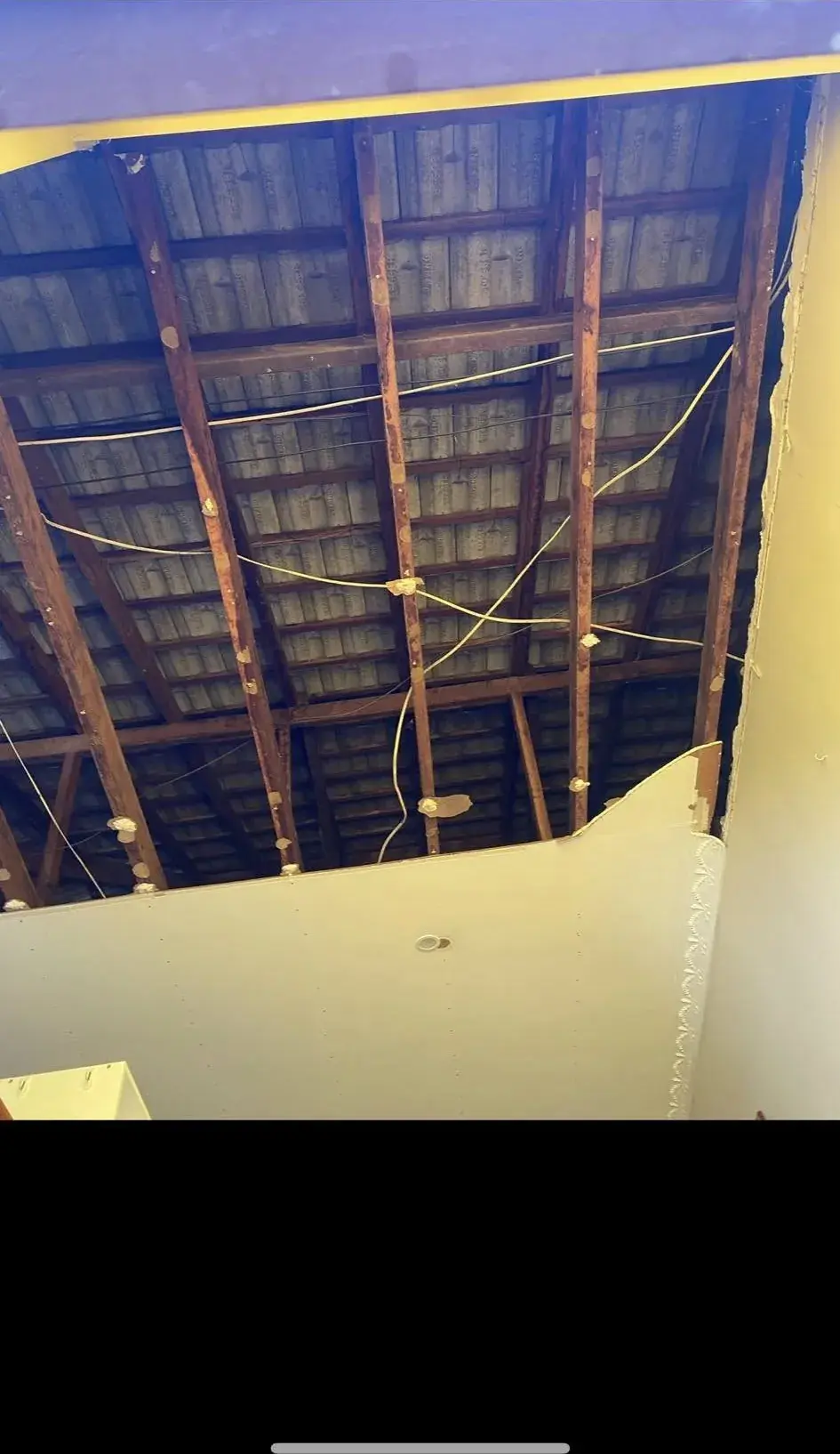 A section of ceiling opened up beneath a leaking roof, with the roof framing visible